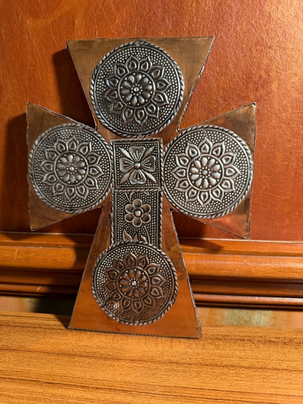 Vintage Artisan Embossed Metal Wall Cross Floral Sun Medallion Mixed Media 9x7
